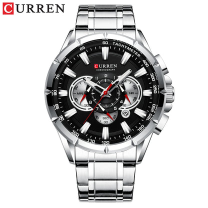 CURREN 8363 Casual Sport Chronograph Men's Watches Stainless Steel Band Wristwatch Big Dial Quartz Clock with Luminous Pointers
