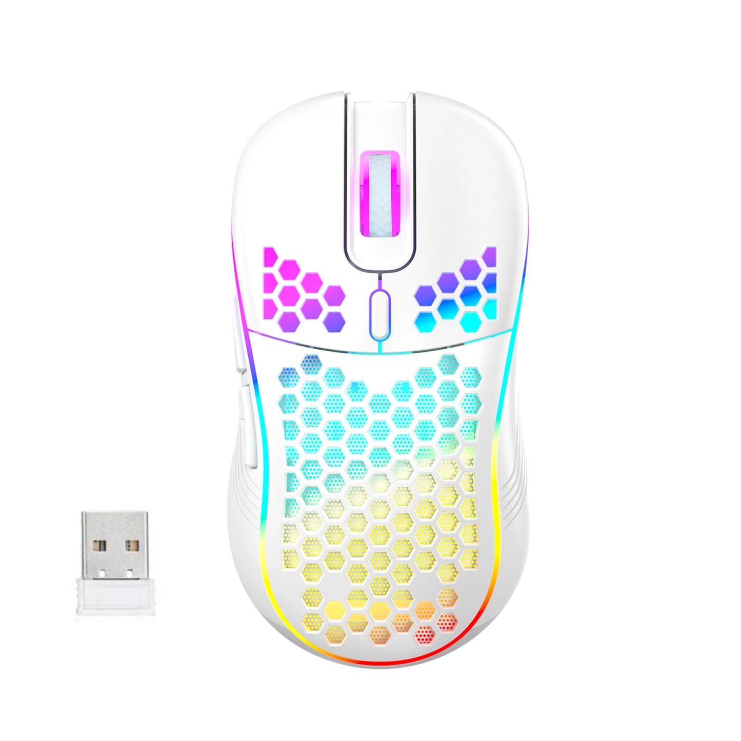Wireless Gaming Mouse Honeycomb 2.4G USB Cordless Mouse RGB Rechargeable PC Game Mice With LED Lights, Drag-Free Paracord, Ergon