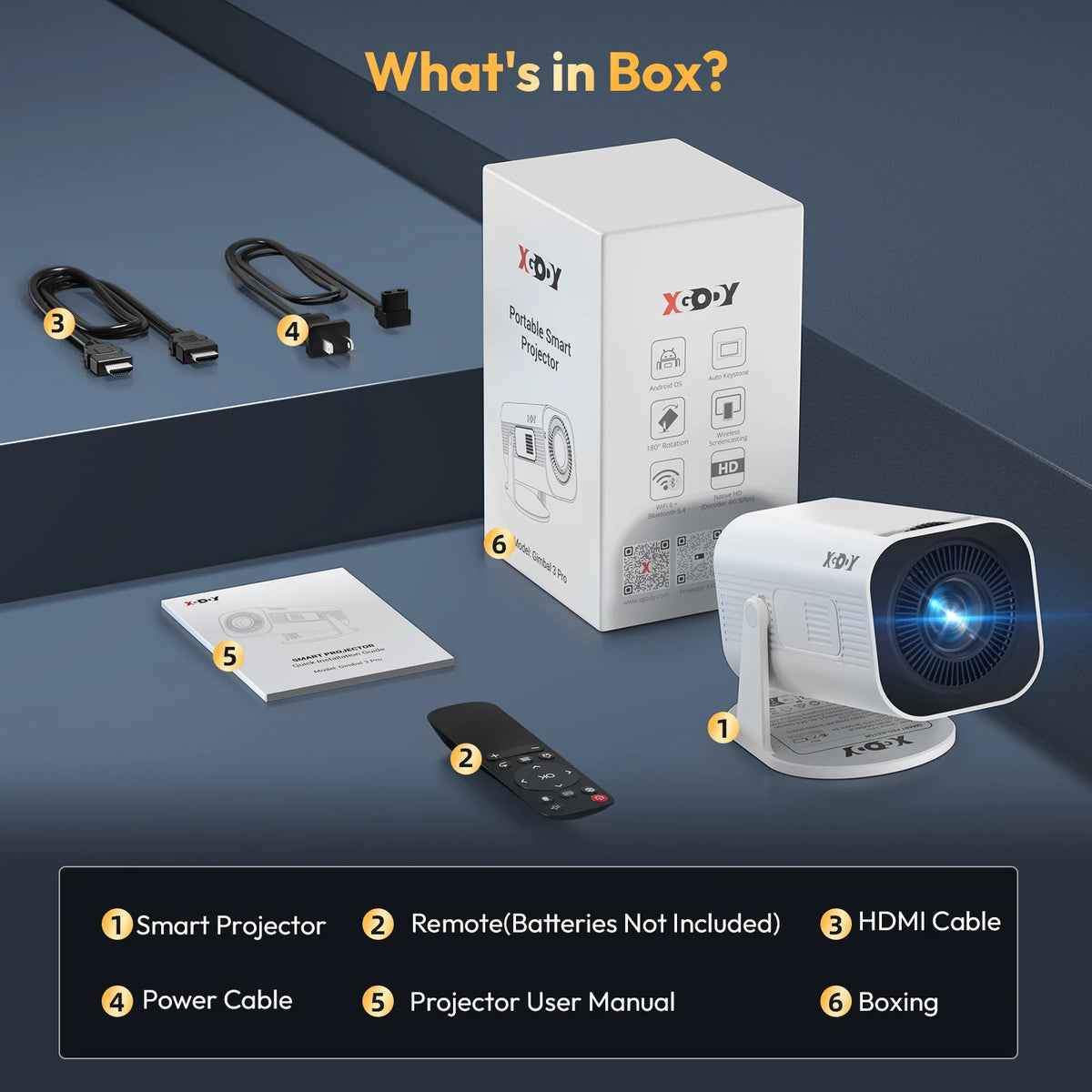 XGODY Gimbal 3 Pro Mini Smart Projector, 300 ANSI, Native 720P, Android 11, WiFi 6 & BT 5.4, Auto Keystone Correction, Wireless Screen Mirroring, 20-120 Inch HD Home Theater Projector for Bedroom Movies Gaming, Support HDMI U