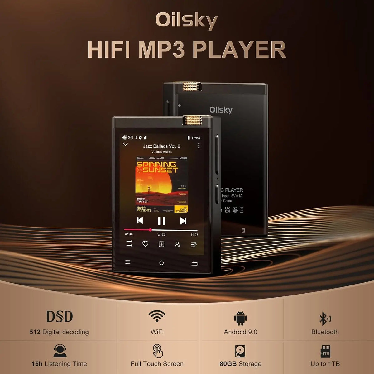 Hi-Fi MP3 Player with Bluetooth and WiFi, Oilsky Lossless DSD High-Resolution Digital Audio， up to 1TB