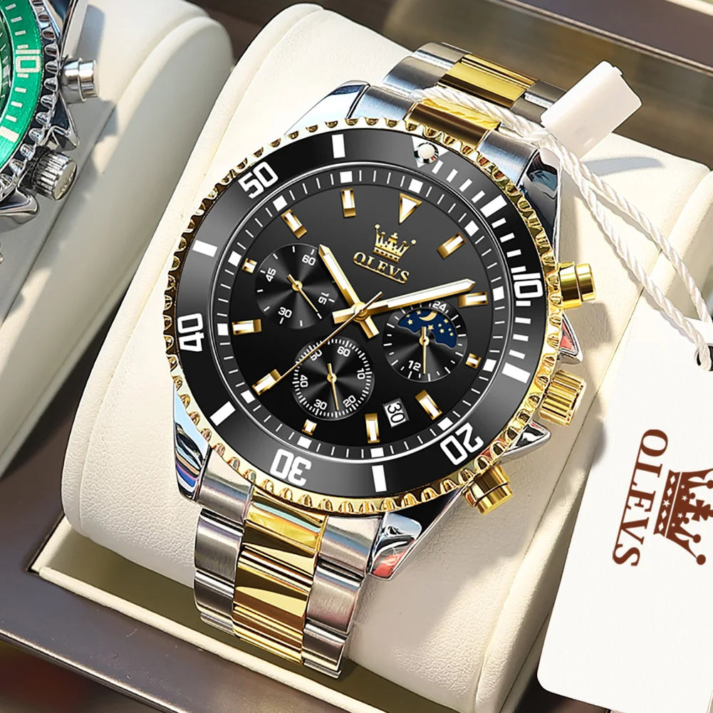 OLEVS 2870 Men's Watch Top Brand Luxury Watch for Men Original Waterproof Stainless Steel Chronograph Moon Phase Date Rota Dial