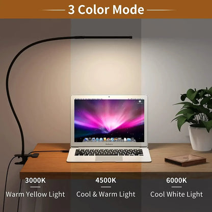 10W LED Desk Lamp with Clamp Dimmable Clip On Reading Light 10 Brightness Level 3 Lighting Modes Flexible Study Table Lamp USB - Urbizia