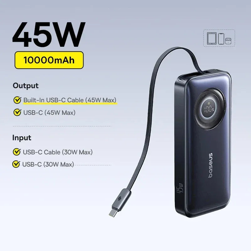 65W 20000mAh Retractable Cable Power Bank Fast Charge
