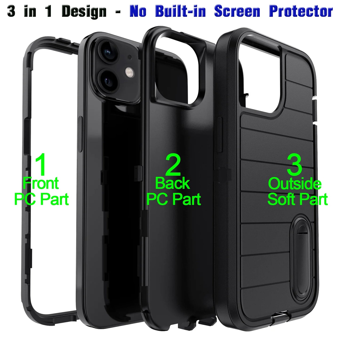 For iPhone 11 12 13 14 15 16 Plus Pro Max Case Heavy Duty Shockproof Hybrid Rugged Kickstand Cover Black