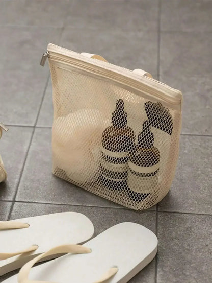1pc Lightweight Mesh Shower Bag Travel Cosmetic Bag, Large Capacity Portable Toiletry Bag, Hanging Bathroom Storage Bag, Cute Handheld Makeup Brush Holder Bag With Zipper, Can Hold Lipstick
