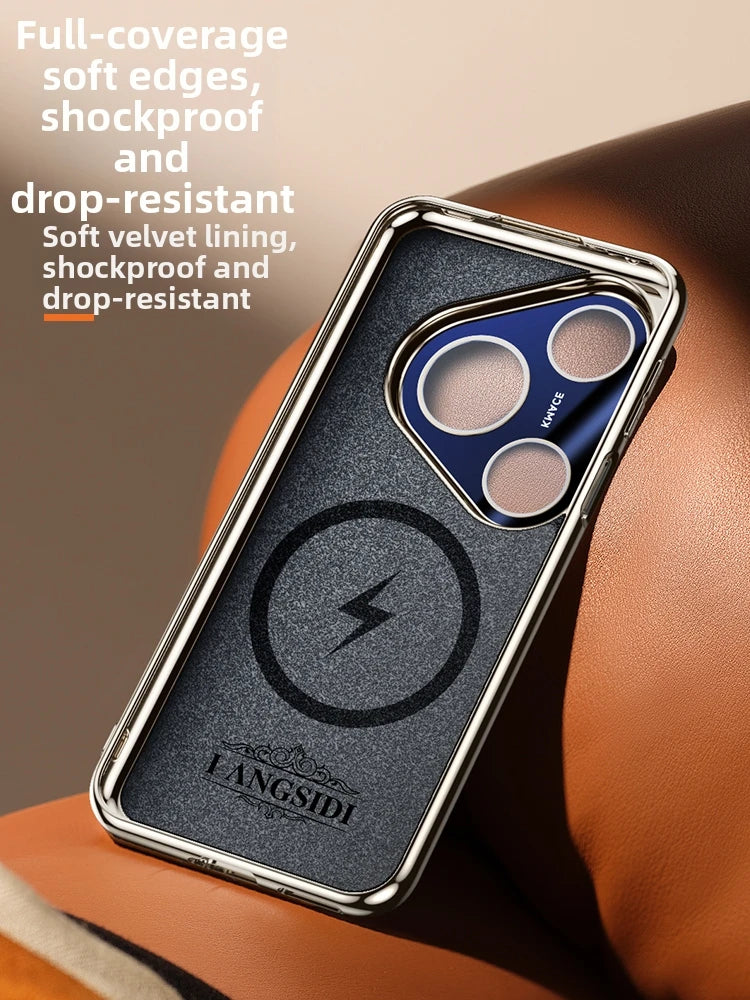 for Magsafe Case for Huawei Pura 80 Pro Pro+ 70 Ultra Luxury Leather Plating Full Glass Lens Protection Magnetic Back Cover