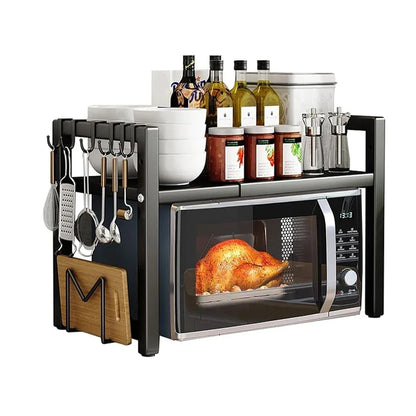 Adjustable Microwave Oven Rack with Hooks & Storage Stand