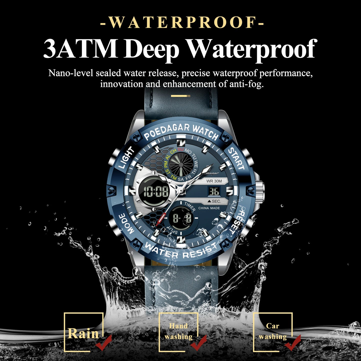 POEDAGAR Top Fashion Man Clock Waterproof Electronic LED Luxury Men's Watches Dual Time Display Digital Leather Men Quartz Watch
