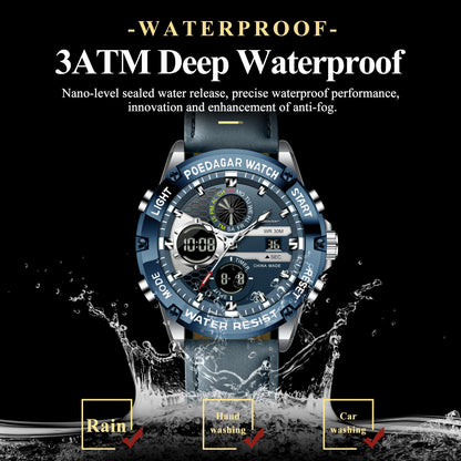 POEDAGAR Top Fashion Man Clock Waterproof Electronic LED Luxury Men's Watches Dual Time Display Digital Leather Men Quartz Watch