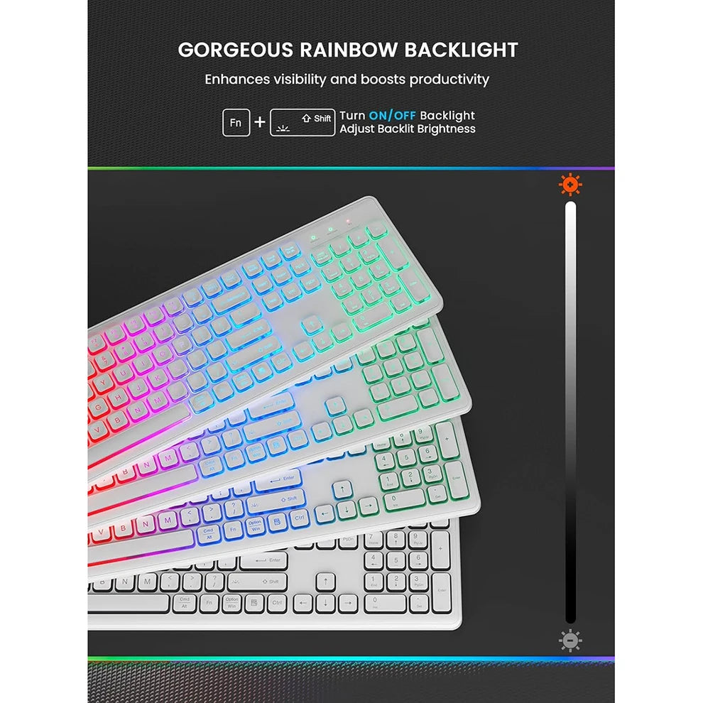 Backlit Wireless Keyboard and Mouse,Quiet Light Up Keys, Tilt Legs, Rechargeable USB Cordless Combo for Computer, PC, Laptop