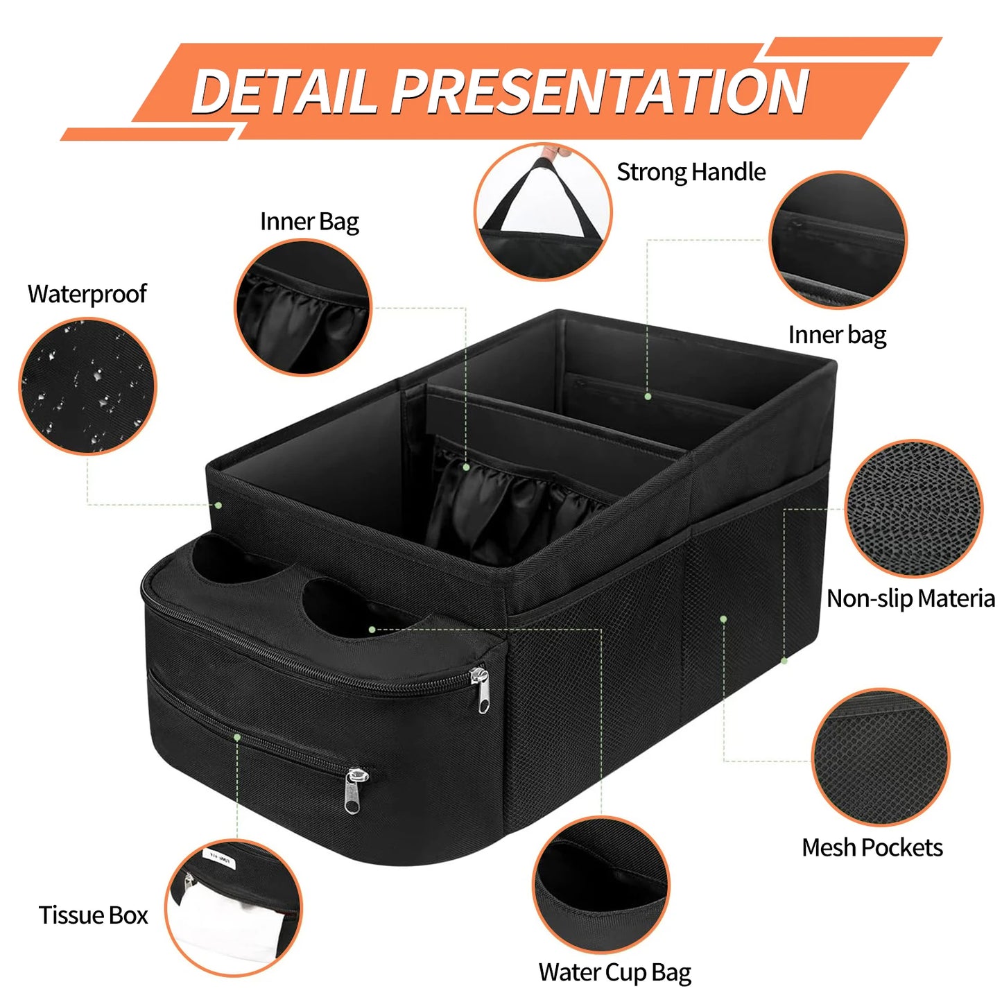 Car Seat Organizer Foldable Backseat Storage Bag with Handle Nonslip Passenger Seat Organizer with 2 Cup Holders for Cars Vans