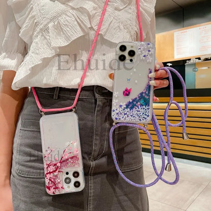 Quicksand Strap Case For Samsung Galaxy S26 Ultra S24 S23 S25 Plus S21 S22 S20 FE Liquid Glitter Flower Crossbody Lanyard Cover
