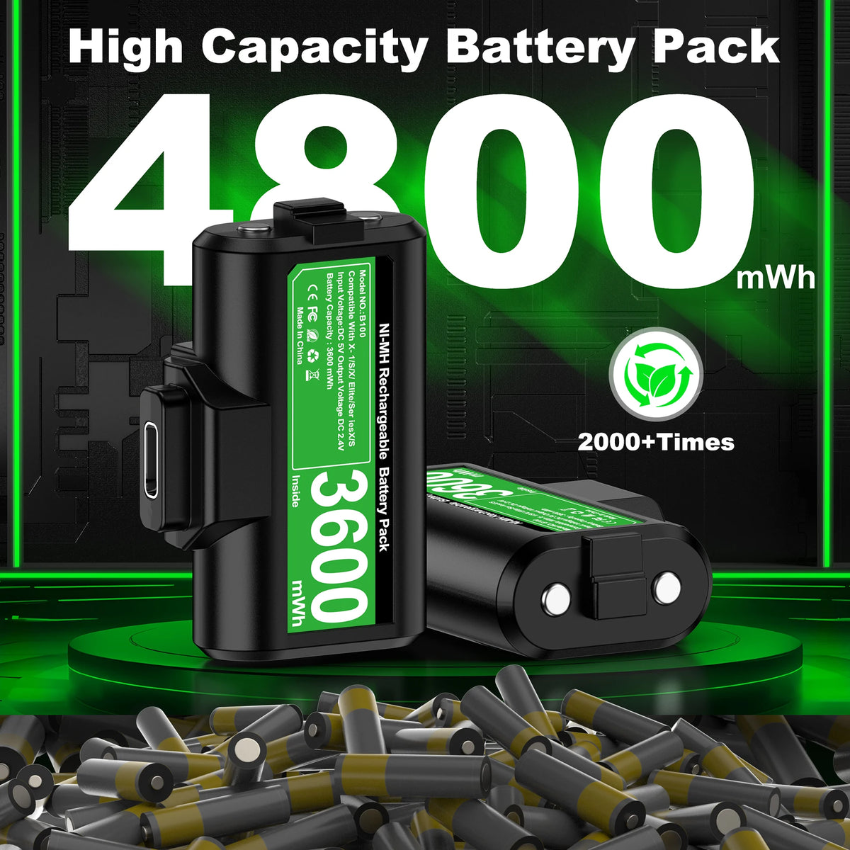 DinoFire Rechargeable 2x4800mwh Battery Packs For Xbox Series X/S ＆ Xbox One X/S Battery with Charging Cable