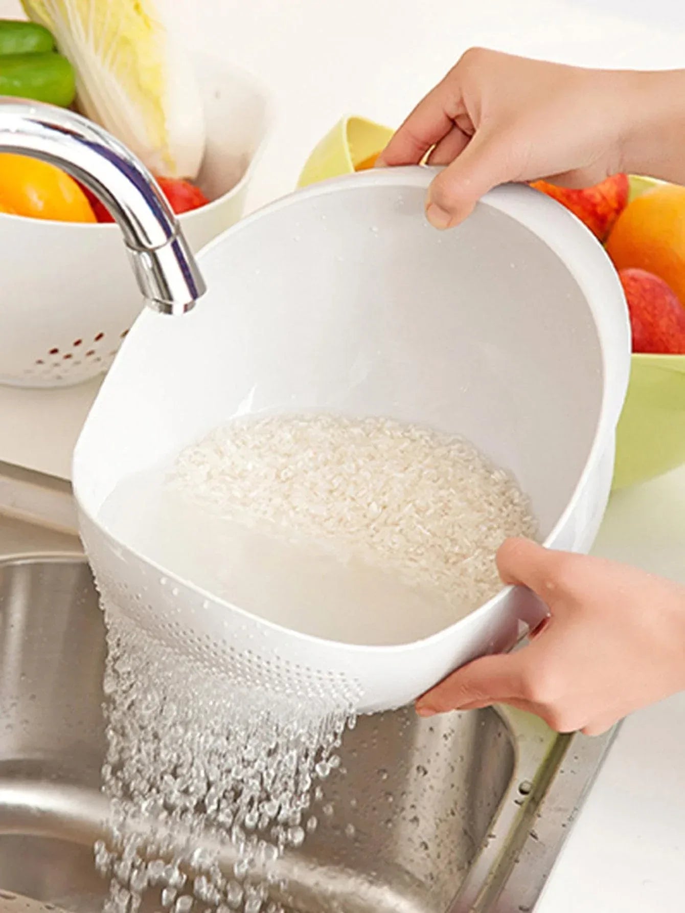 Multi-Purpose Rice & Fruit Drain Basket with Handle