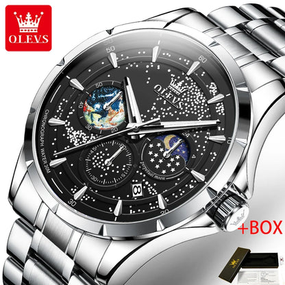 OLEVS Fashion Starry Sky Green Dial Quartz Watch for Men Multifunction Moon Phase Luminous Chronograph Watches Relogio Masculino