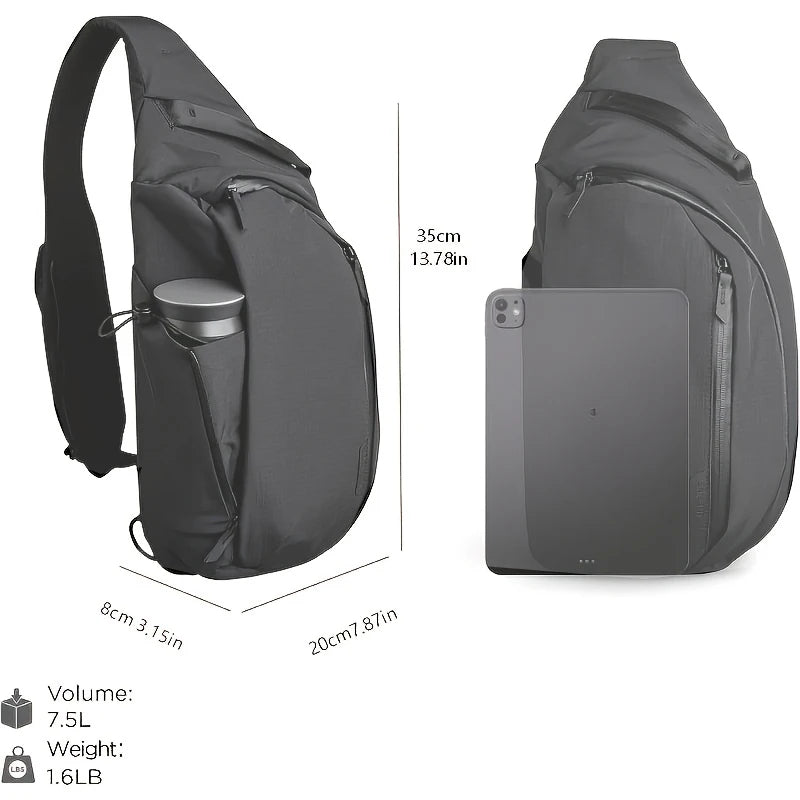 Right Shoulder Chest Bag 7.5L - Crossbody Bag, Sling Backpack - Fits 11' Tablet - Single Shoulder Water Bottle Pocket