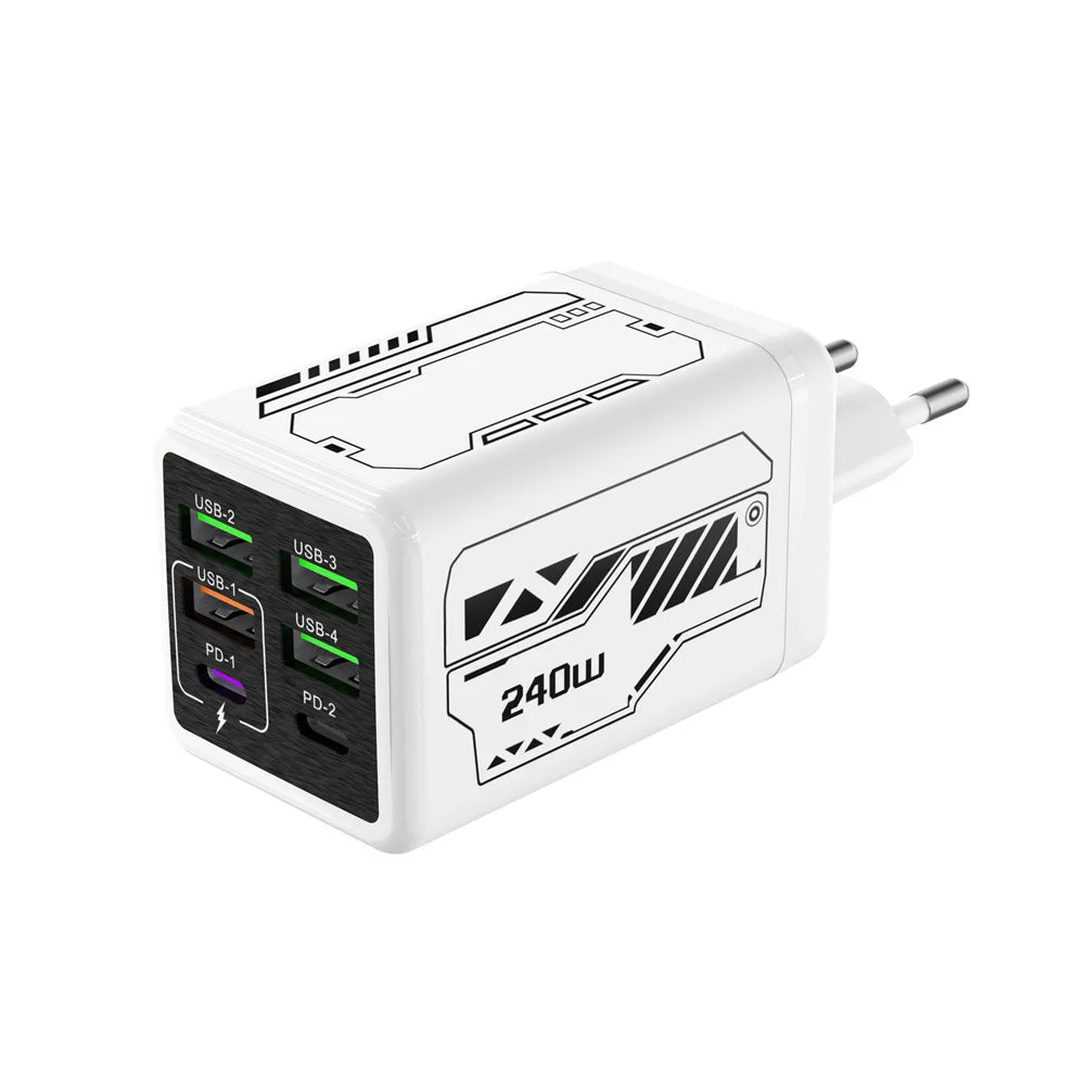 6 Ports 240W USB Type C Charger USB Super Fast Charging Mobile Phone Charge Adapter PD3.0 For iPhone 17 16 Samsung EU/UK/US Plug
