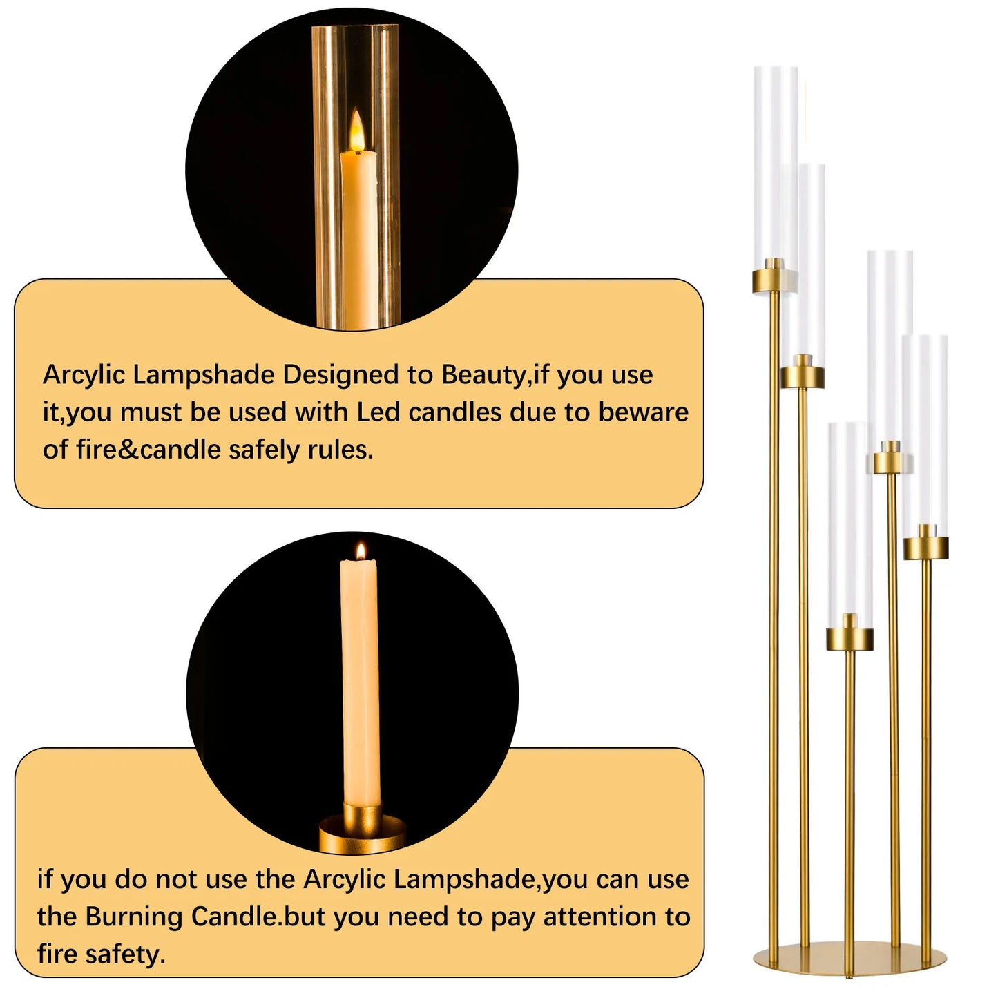 Gold Floor Candelabra 5 Arm Tall Candle Holder with Acrylic Lampshade for Wedding Table Birthday Party Decoration 10PCS