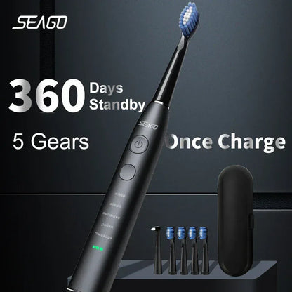 Seago Electric Toothbrush USB Rechargeable Adult 360 Days Long Battery Life IPX7 4 Replacement Heads Travel Box SG-575 - Urbizia