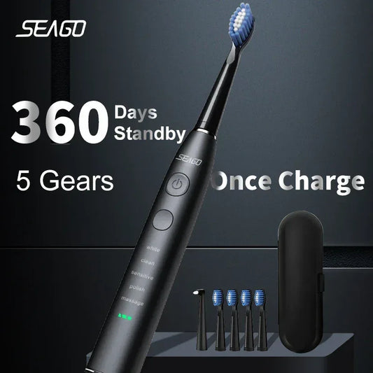 Seago Electric Toothbrush USB Rechargeable Adult 360 Days Long Battery Life IPX7 4 Replacement Heads Travel Box SG-575 - Urbizia