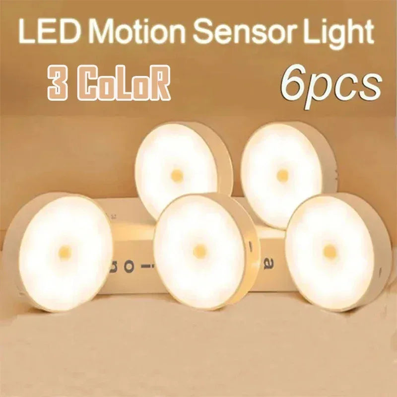 2~6 Pack Motion Sensor LED Night Light USB Rechargeable 3 Color Night Lamp Cabinet Wardrobe Lamp Staircase Wireless Closet Light - Urbizia