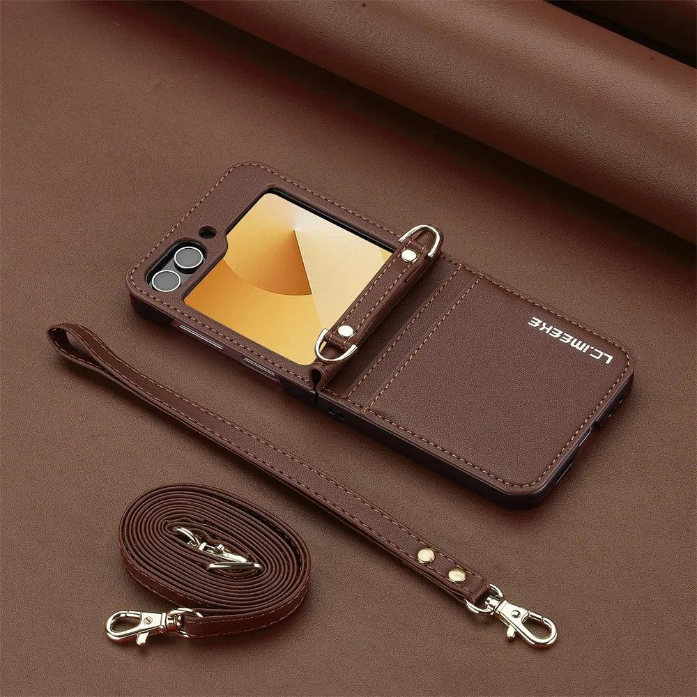 Wallet Crossbody Phone Case For Samsung Galaxy Z Flip 7 FE 6 5 4 3 Flip6 Flip7 5G with Card Holder Wrist Strap Lanyard Leather