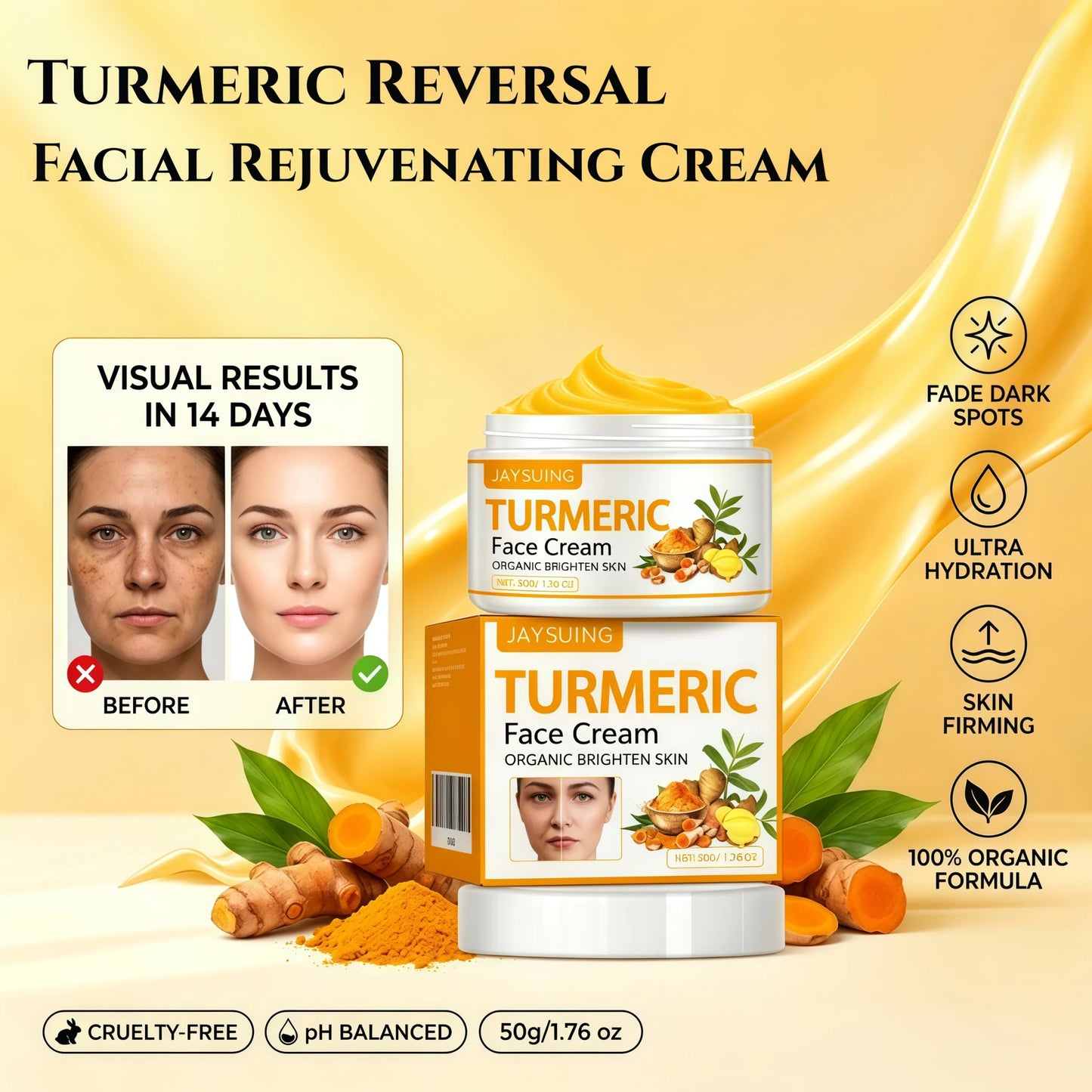 Turmeric Reversal Facial Rejuvenating Cream,Potent Antioxidant&Brightening,Dark Spot Corrector & Skin Evening, Anti-Inflammatory&Blemish Soothing,Firming&Anti Aging,Deep Hydration&Moisture Barrier,Balanced Hydration&pH Contro