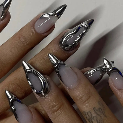 Punk 3D Gold Line & Silver Star Extra Long Pointed Fake Nails – Y2K Metal Halloween Press-on Manicure Set
