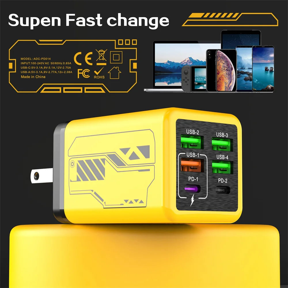 6 Ports 240W USB Type C Charger USB Super Fast Charging Mobile Phone Charge Adapter PD3.0 For iPhone 17 16 Samsung EU/UK/US Plug