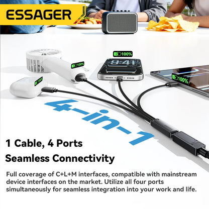 Essager 4-in-1 Fast Charging Portable Cable for Travel Type C Female to Multi USB with 2 Type C Micro And Lightning Adapters