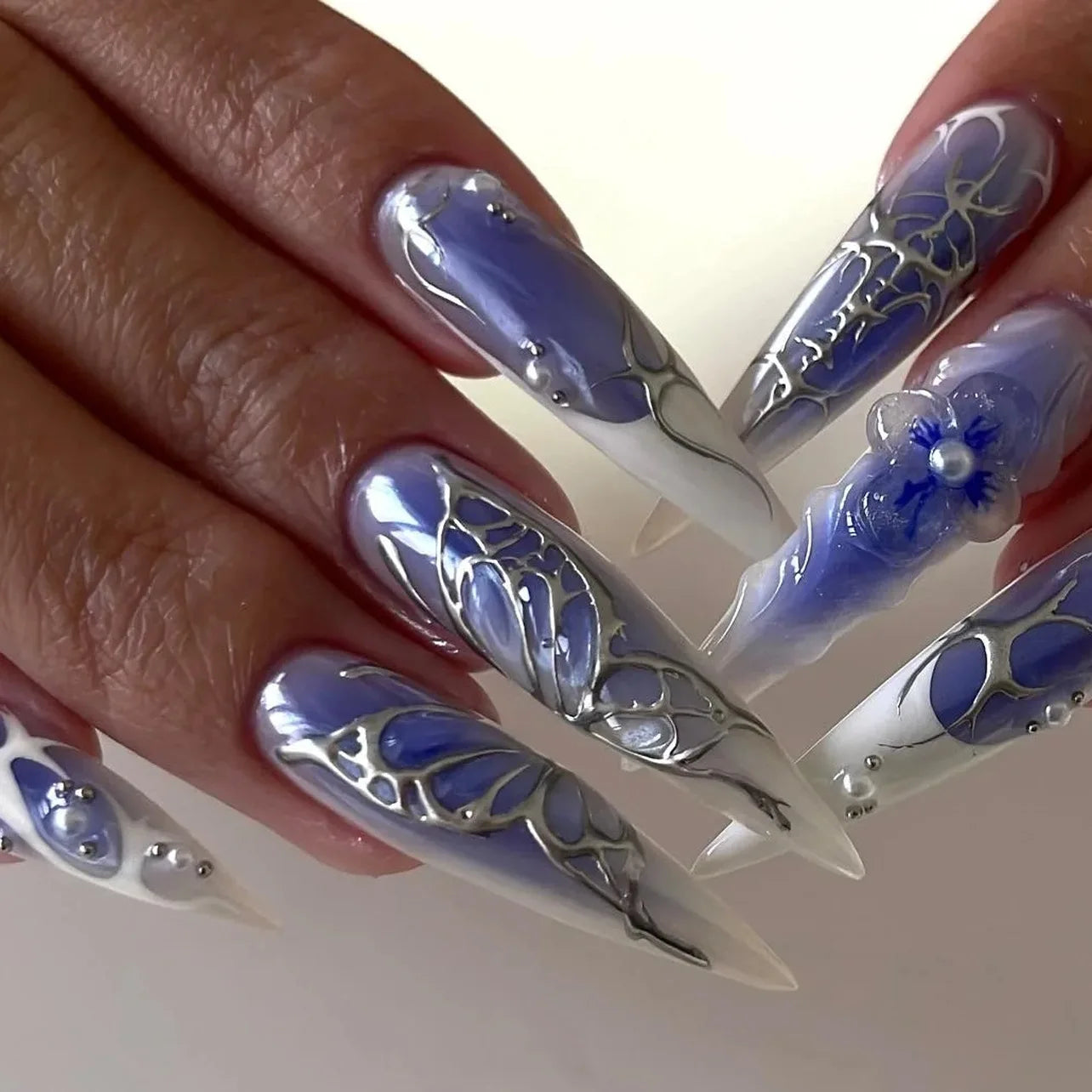 24Pcs Black Y2K Fake Nails with Diamond – Long Almond Butterfly Design Halloween Press-on Nails