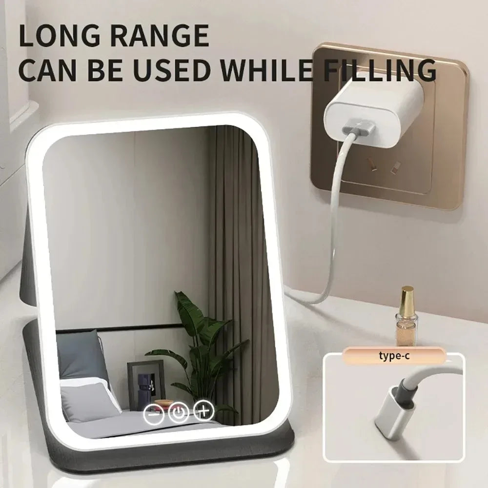 USB Rechargeable 3 Colors LED Makeup Mirror Pocket Mirror Touch Dimmable 3 Brightness Foldable for Travel Office Home - Urbizia
