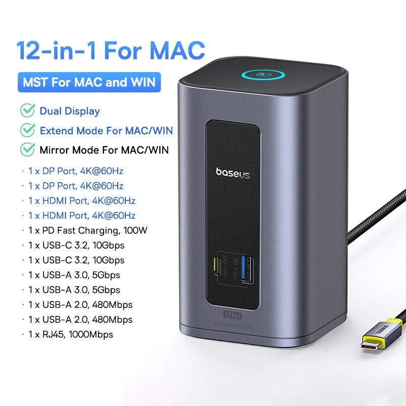 Baseus USB C HUB for Mac M3 M2 M1 System HDMI 4K@60Hz MST Triple Display for MacBook Air Pro Window 11-in-1 HUB Docking Station