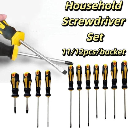 11-Piece Magnetic Screwdriver Set Magnetic Tips Yellow Manual Repair Tool Kit Handy Bucket Cushion Handle for 11pcs/bucket
