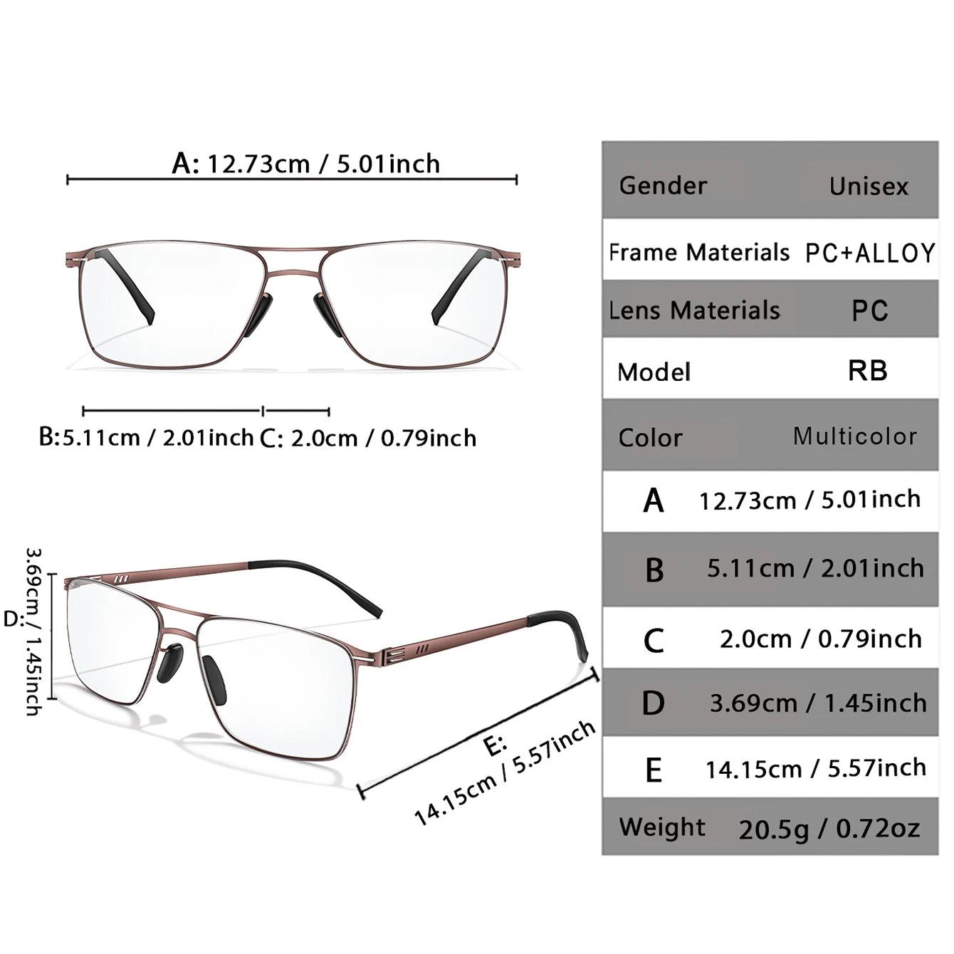 Metal Anti-Blue Light Photochromic Reading glasses Rectangular Eyewear Frame Presbyopic Unisex Surf Internet Read magazines