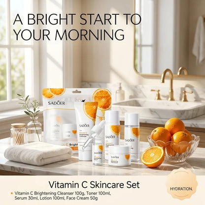 Mini Travel Size 5Pcs Vitamin C Skincare Set Brightening Hydrating Facial Care Kit : Cleanser Toner Serum Lotion Face Cream