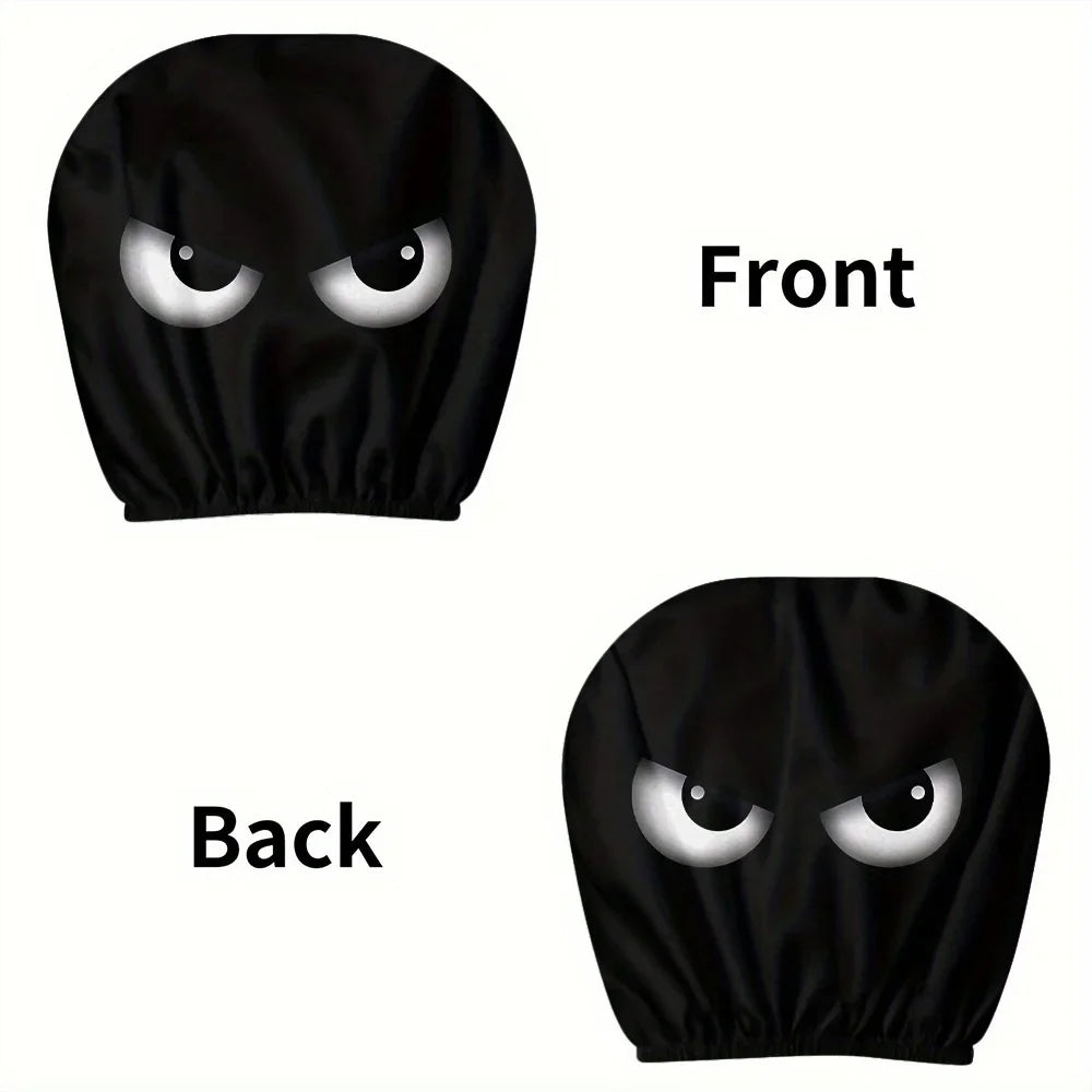 2PCS Funny Slanted Eyes Cartoon Print Car Headrest Cover for Halloween Christmas Holiday Automobile Interior Decoration