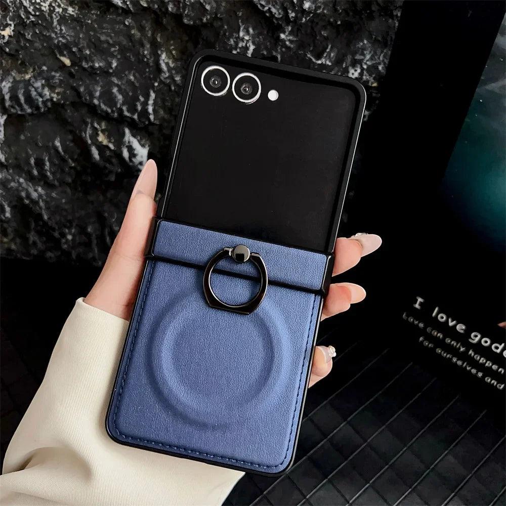 360 Rotating Magnetic Ring Holder Phone Case For Samsung Z Flip 7 6 5 4 3 Flip6 Flip5 Flip4 Flip3 5G PU Leather Back Cover