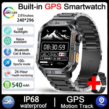 2026 New Outdoor Military Men's Smartwatch Is Equipped With GPS LED Lighting, A Compass, Wireless Communication, IP68 Waterproof