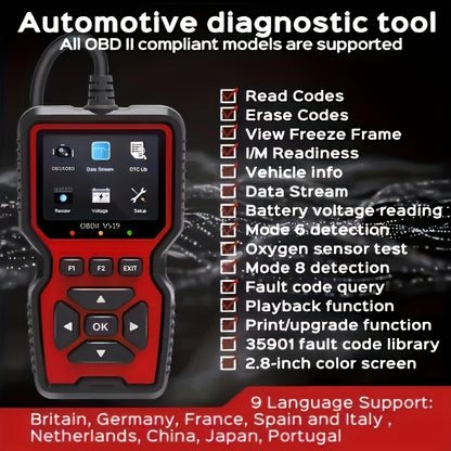 V519 Professional Obd2 Scanner - Usb-Powered Car Diagnostic Tool with Real-Time Data Stream, Full-Featured Obd Ii Testing (I/M Ready, Bod2/Eobd), Clears Engine Fault Lights, Reads/Erases Codes for Most Vehicles, Car Maintenan