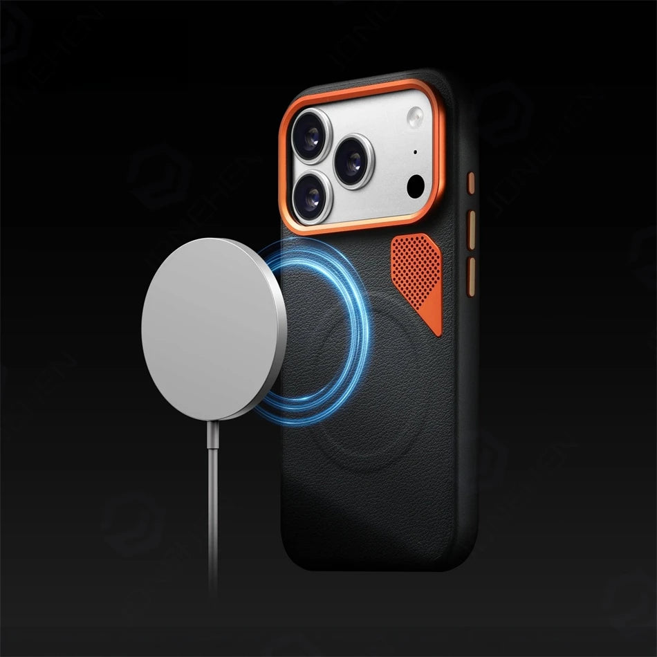For iPhone 15 16 17 Air 18 Pro Max Magnetic Case Busines High Quality Leather Hard Heat Dissipation Alloy Len Cover For Magsasfe