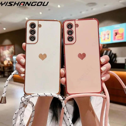 Crossbody Strap Cord Phone Case For Samsung Galaxy S26 S25 S23 S24 Ultra S24 FE A17 A57 A16 A55 5G Plating Heart Lanyard Cover
