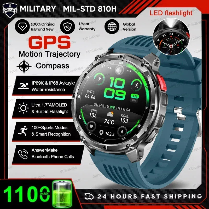 Men 1100mAh Ultra Durable Battery Smart Watch GPS Compass IP69K Waterproof BT Call 100+ Sport Mode Flashlight Sports Smartwatch - Urbizia