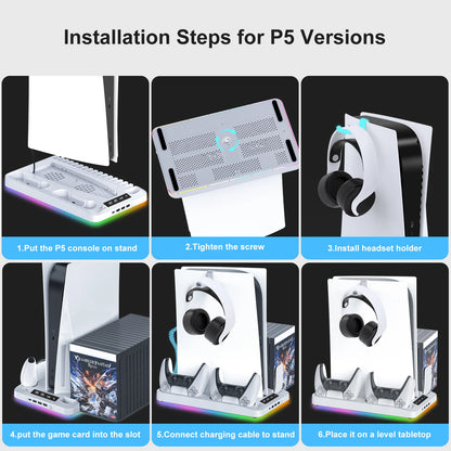 GAMINJA P58 RGB Cooling Stand For PS5 Slim Console Gamepad Charging Base Headset Hook Game CD Storage Rack For PS5 Disc&Digital