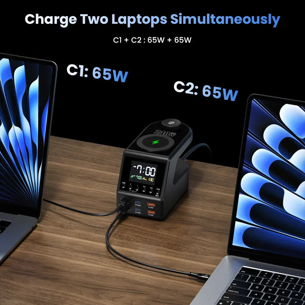 240W GaN Charger Station 4×140W PD3.1 USB Type C Wireless Fast Charger for MacBook iPad Samsung Alarm Clock Time Display - Urbizia