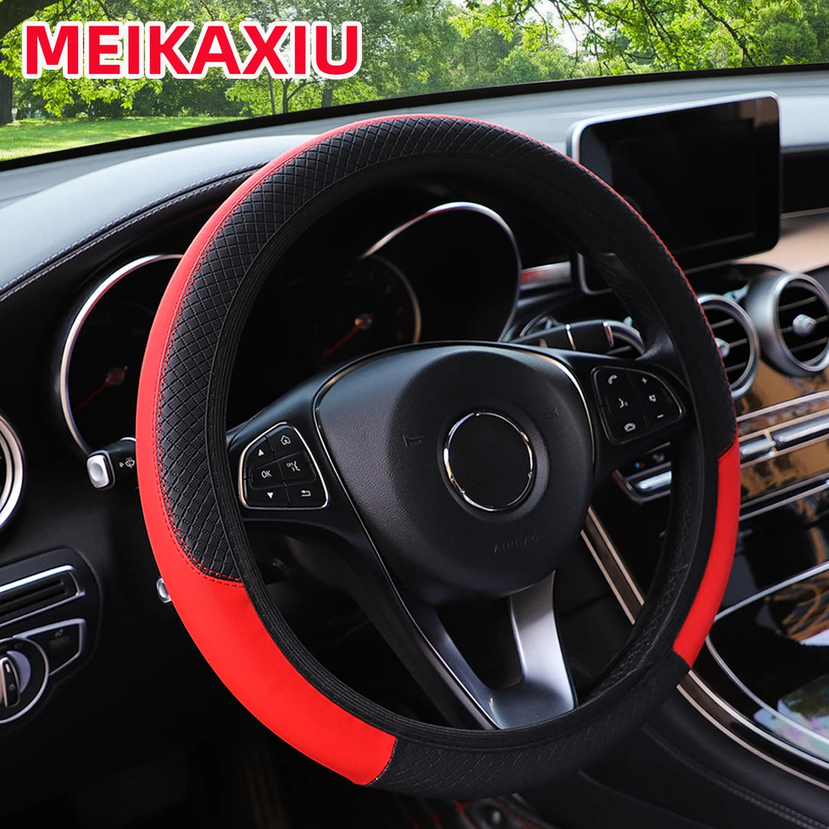 PU leather checkered embossed multi-color car rimless steering wheel cover suitable for 14.5 - 15 inch car interior accessories