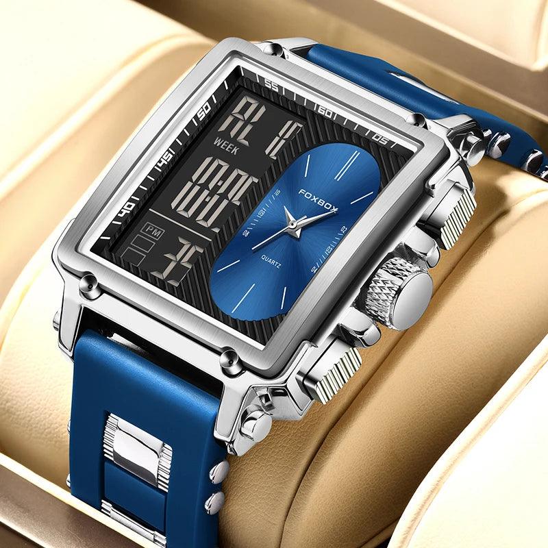 FOXBOX New Creative Square Watch Men Fashion Business Silicone Waterproof Men's Electronic Wristwatch LED Backlight Chronograph