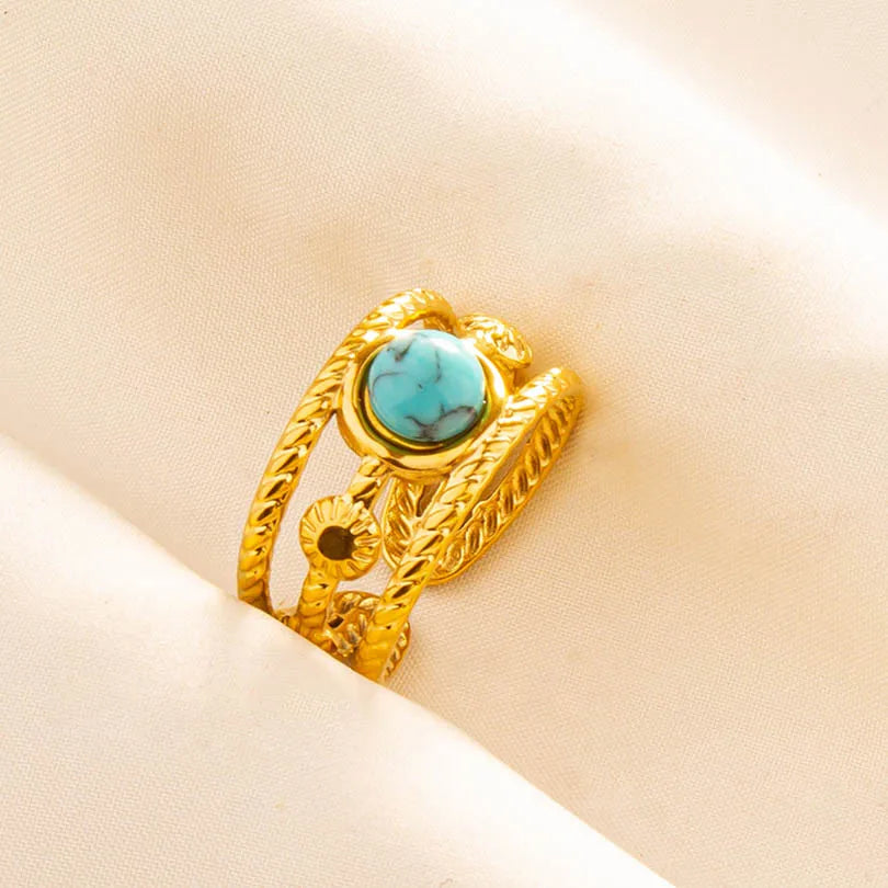 Turquoise Finger Jewelry Long Oval Sun Heart Water Drop Stainless Steel Rings For Women Men Accessories Gold Plated Open Anillos