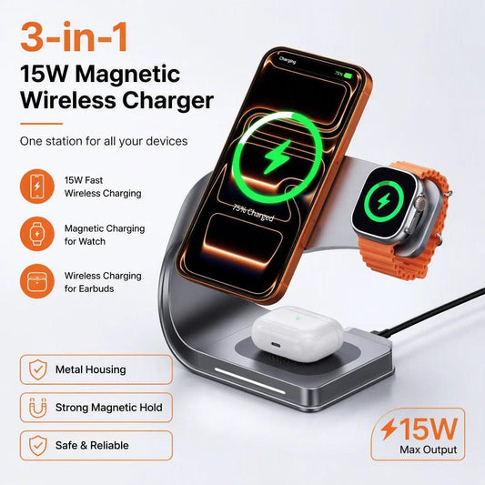 Wireless Charger Stand Metal Shell Magnetic 15W Fast Charging Station Stand for iPhone 12-17 Mobile Phones  Airpods Watch 4 in 1