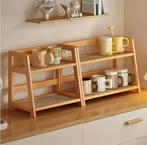 Retro Bamboo 2 Layer Storage Rack Countertop Organizer Stable Kitchen Shelf for Home Hotel Apartment Dressing Table